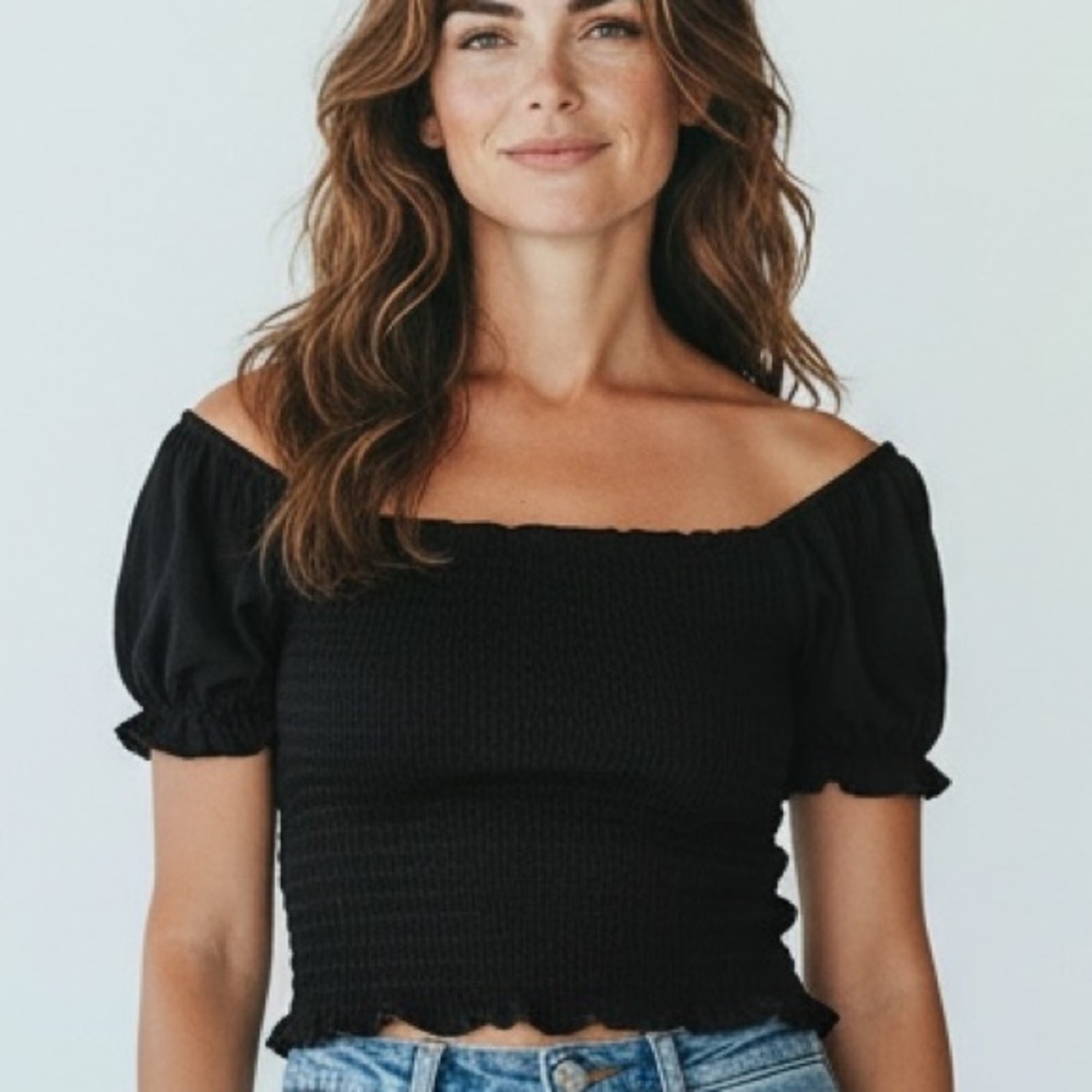 Lime Blue Smocked Crop Top Black Puff Sleeve Off Shoulder Stretchy Size Small